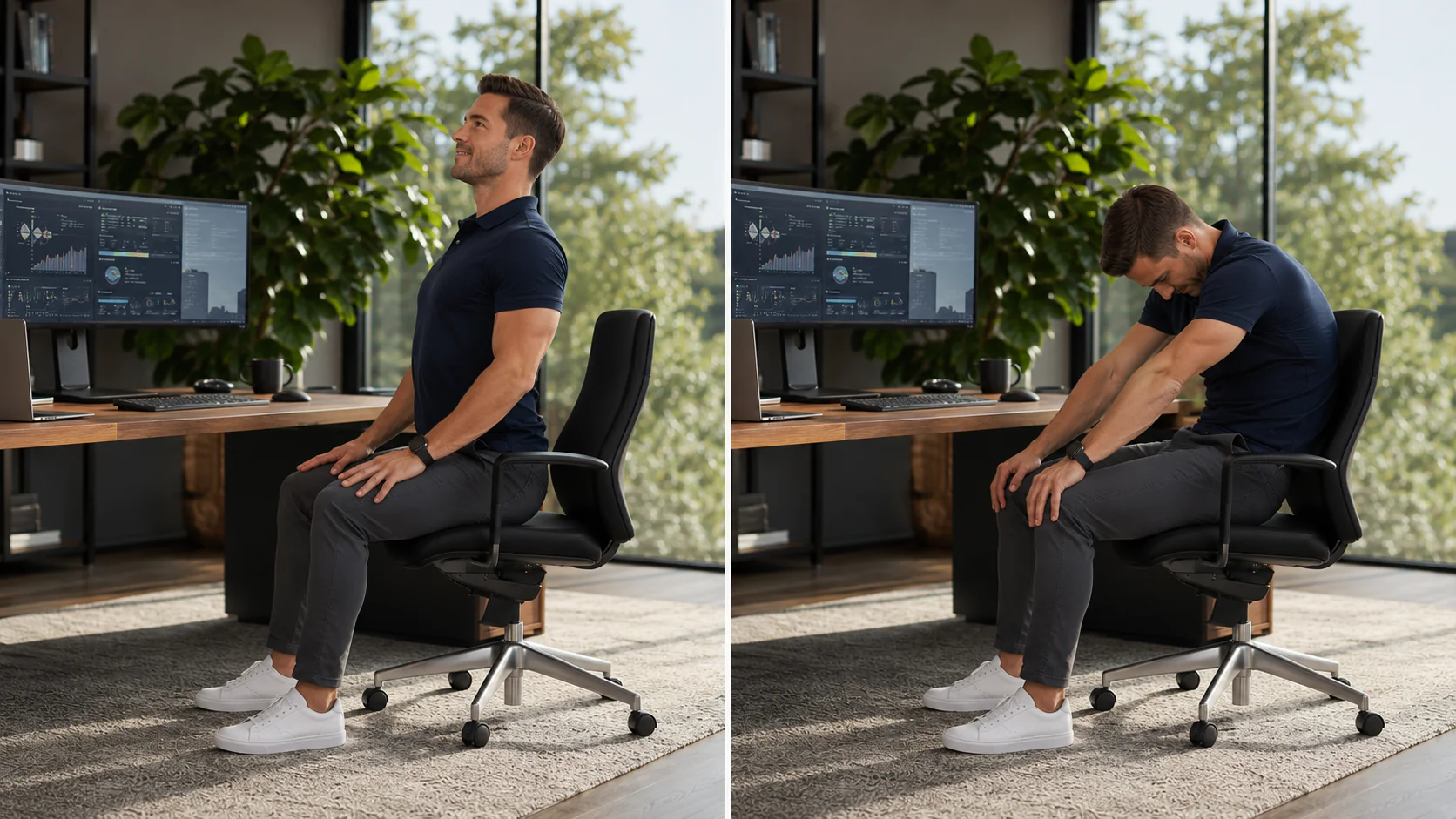Remote worker performing a five minute desk workout to reduce back pain and improve posture.
