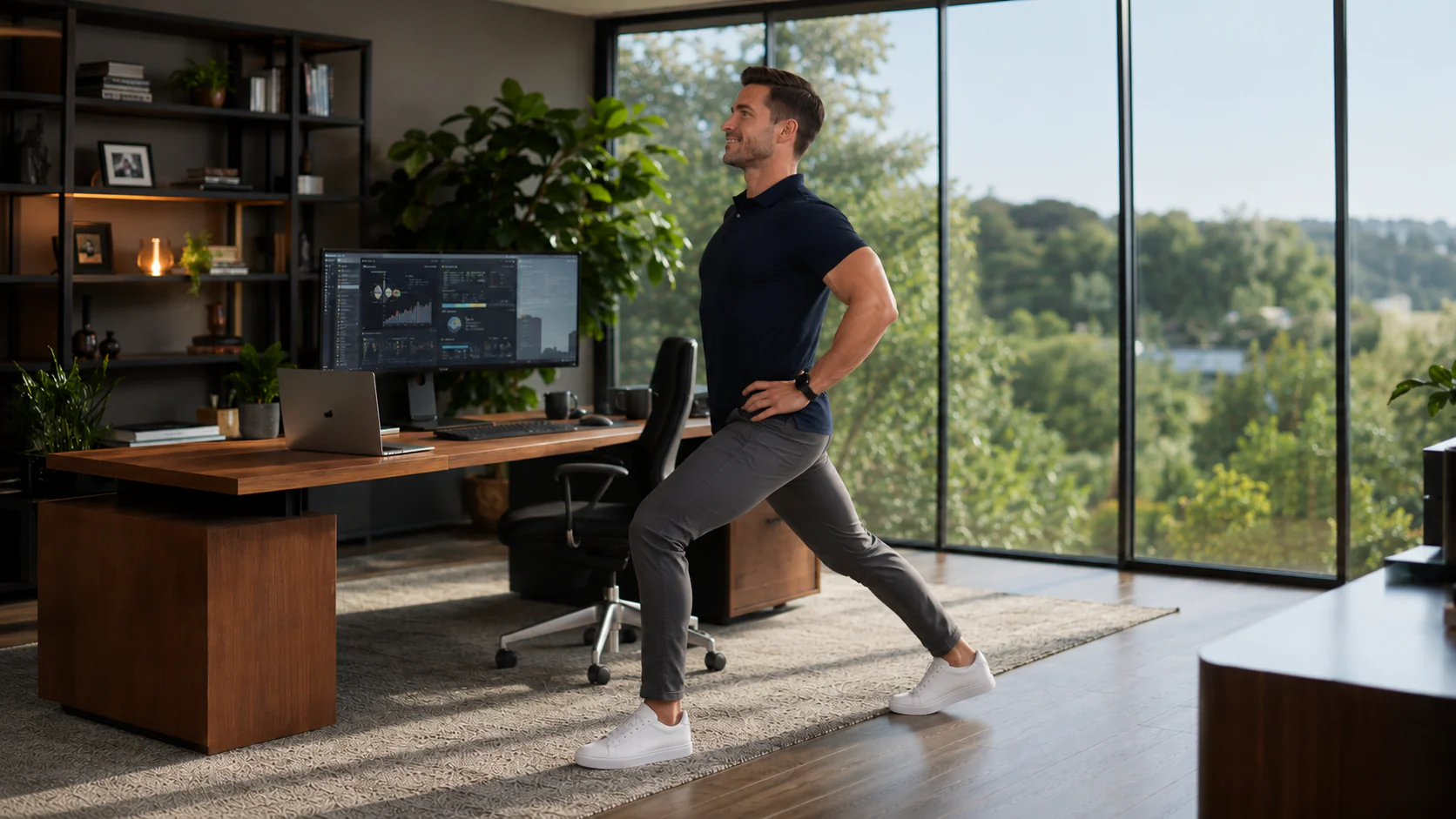 Remote worker performing a five minute desk workout to reduce back pain and improve posture.