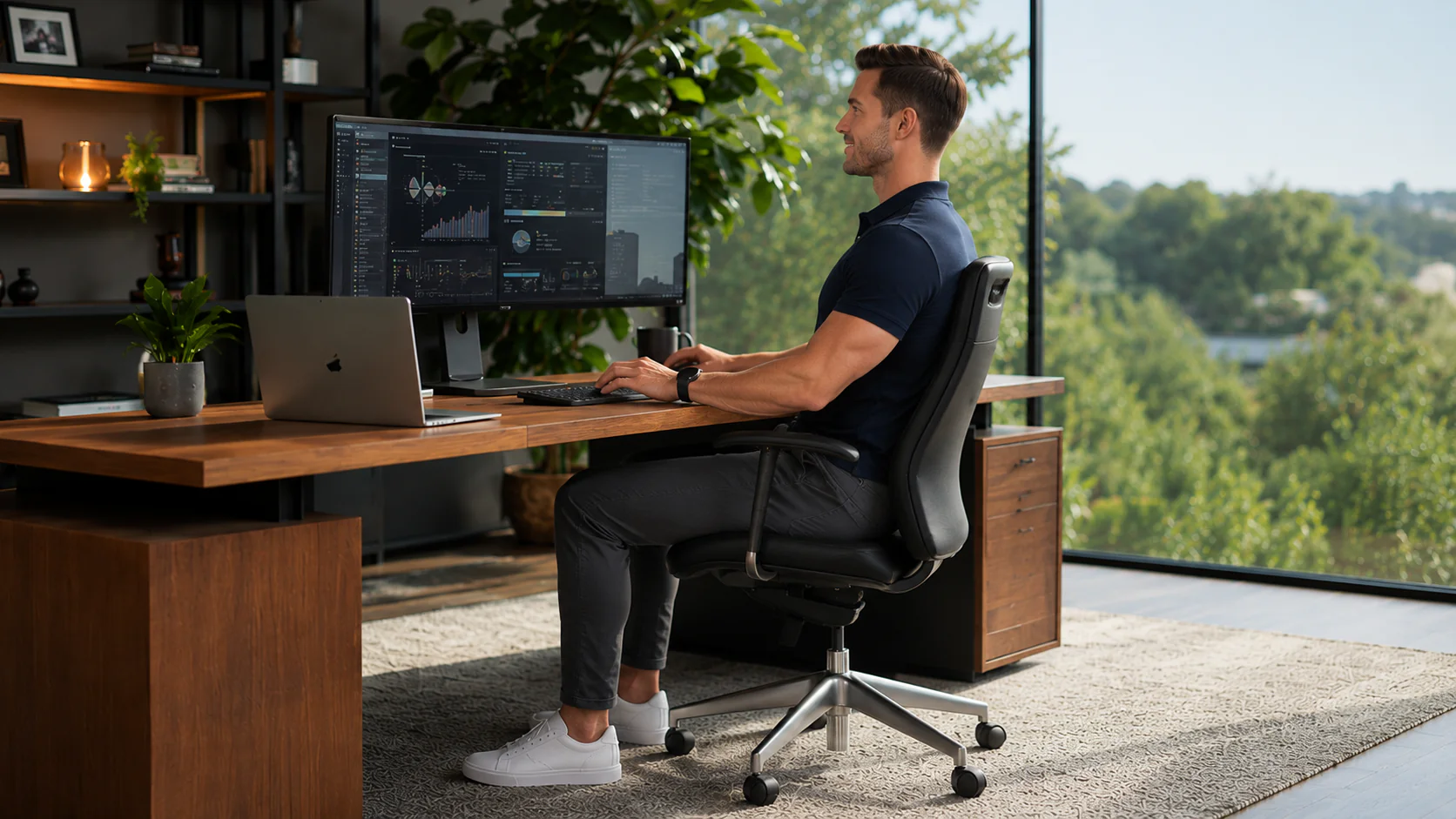 Remote worker performing a five minute desk workout to reduce back pain and improve posture.