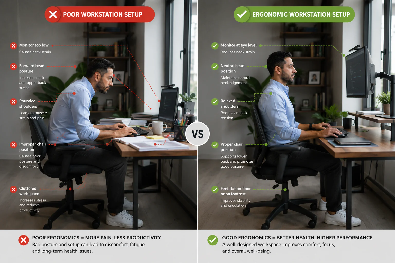 Complete ergonomic desk setup showing proper monitor height, chair position, keyboard placement, and healthy office posture.