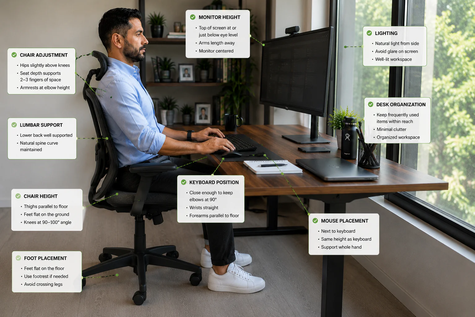Complete ergonomic desk setup showing proper monitor height, chair position, keyboard placement, and healthy office posture.