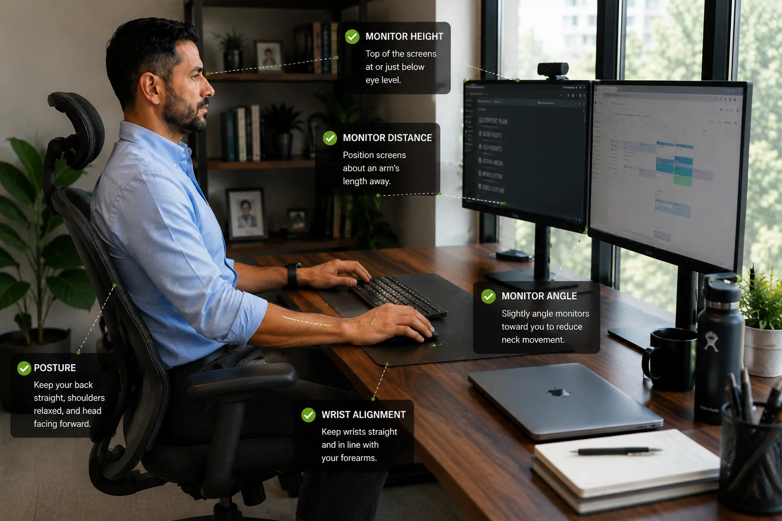 Complete ergonomic desk setup showing proper monitor height, chair position, keyboard placement, and healthy office posture.