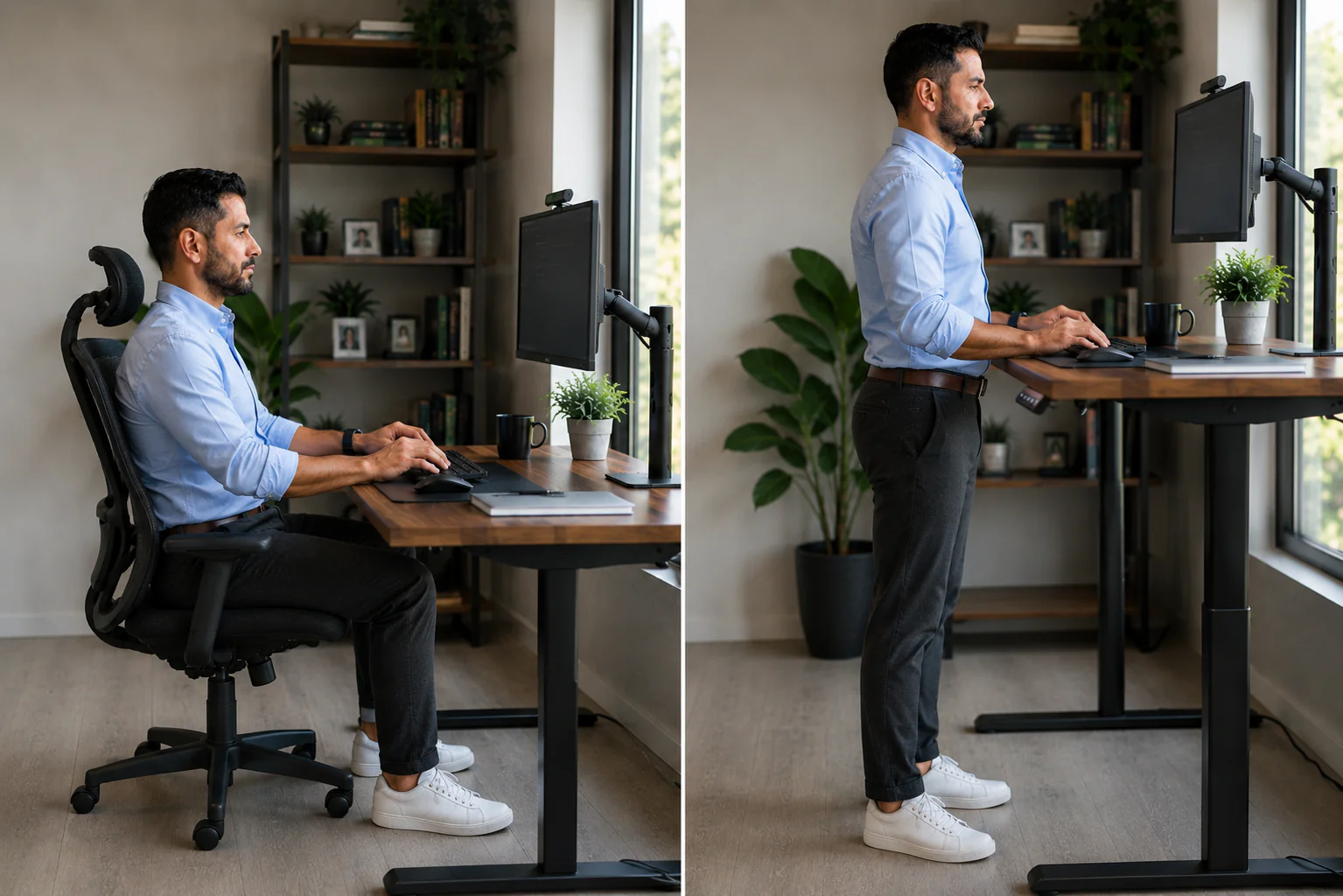 Complete ergonomic desk setup showing proper monitor height, chair position, keyboard placement, and healthy office posture.