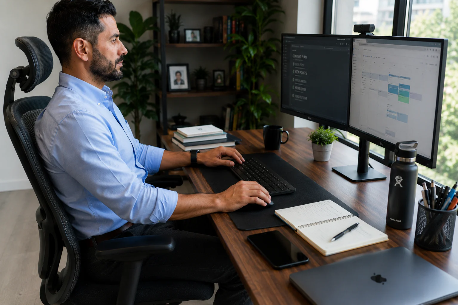 Complete ergonomic desk setup showing proper monitor height, chair position, keyboard placement, and healthy office posture.