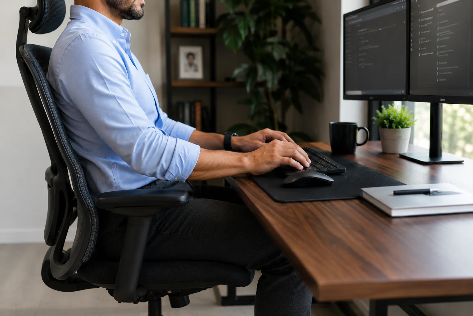 Complete ergonomic desk setup showing proper monitor height, chair position, keyboard placement, and healthy office posture.