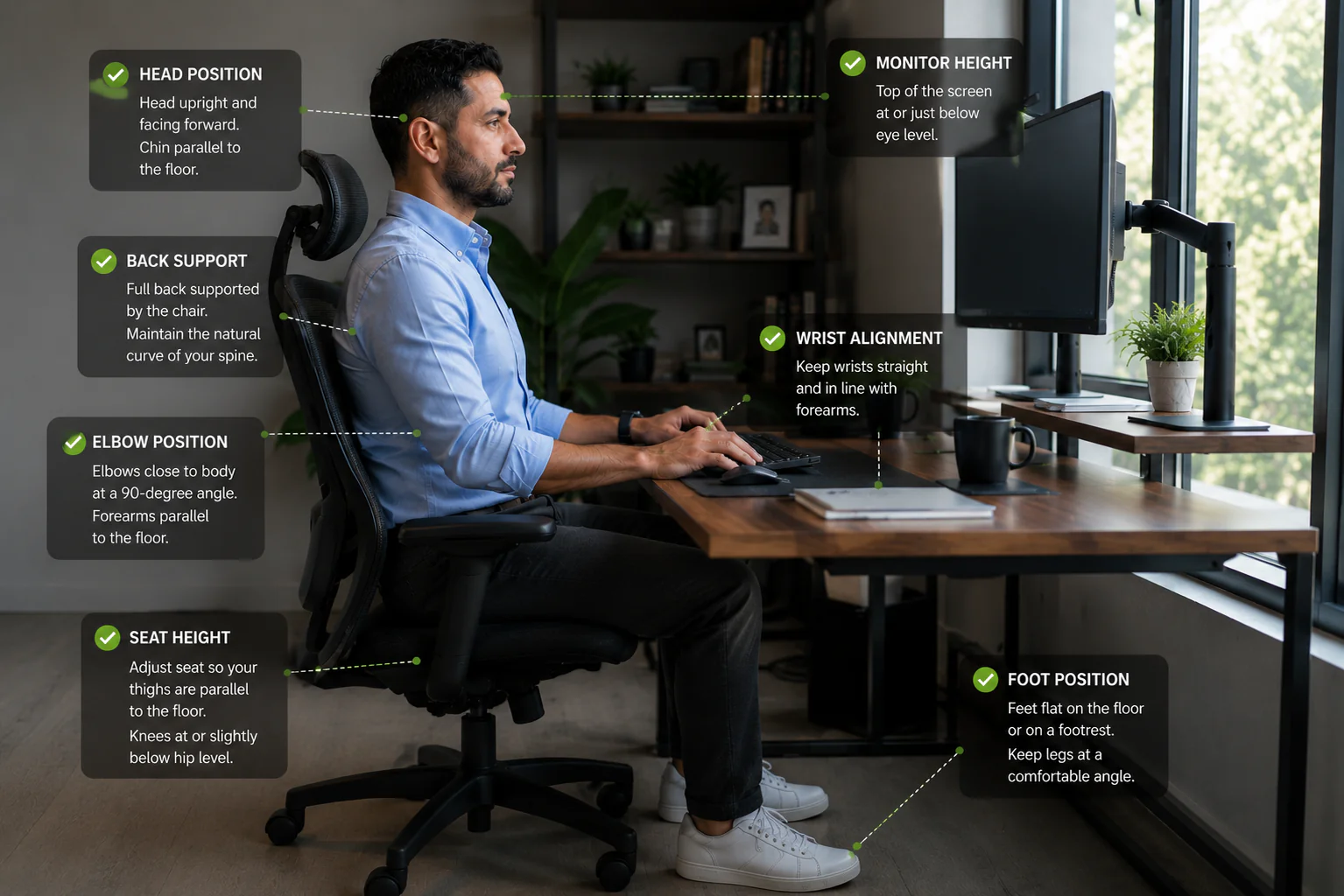 Complete ergonomic desk setup showing proper monitor height, chair position, keyboard placement, and healthy office posture.