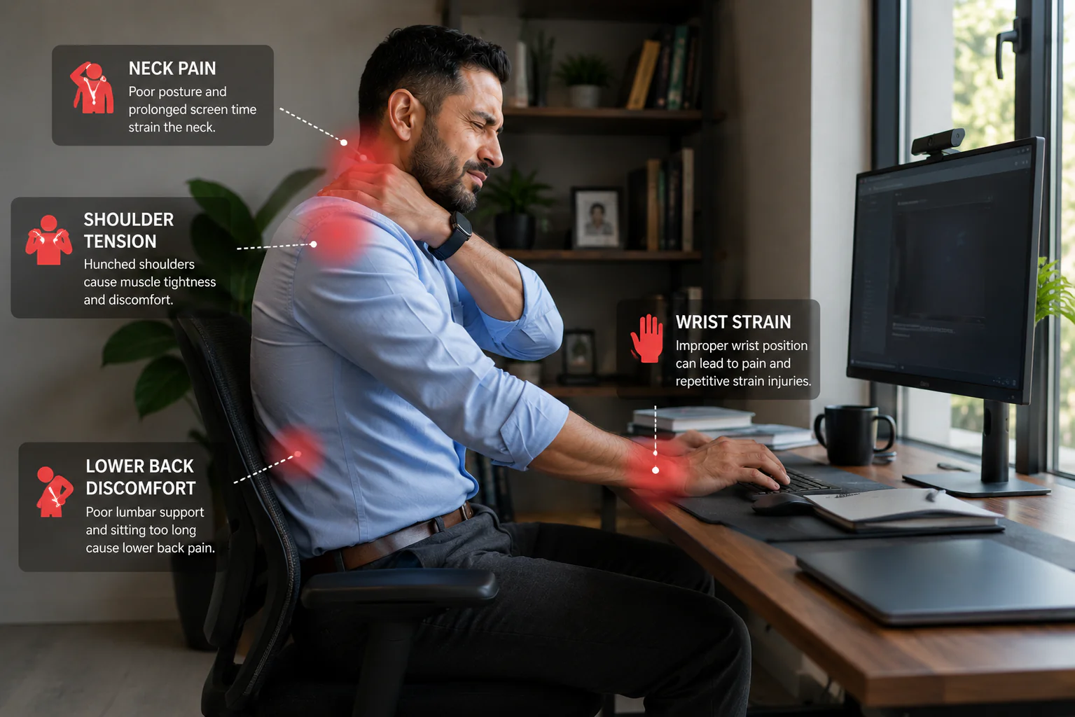Complete ergonomic desk setup showing proper monitor height, chair position, keyboard placement, and healthy office posture.