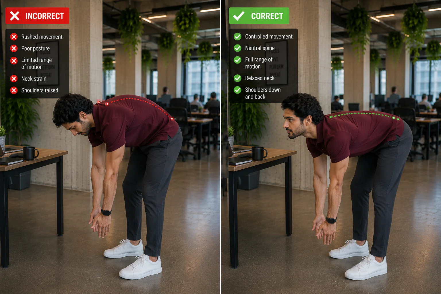 Daily mobility routine for desk workers performing simple exercises to improve flexibility and reduce stiffness.