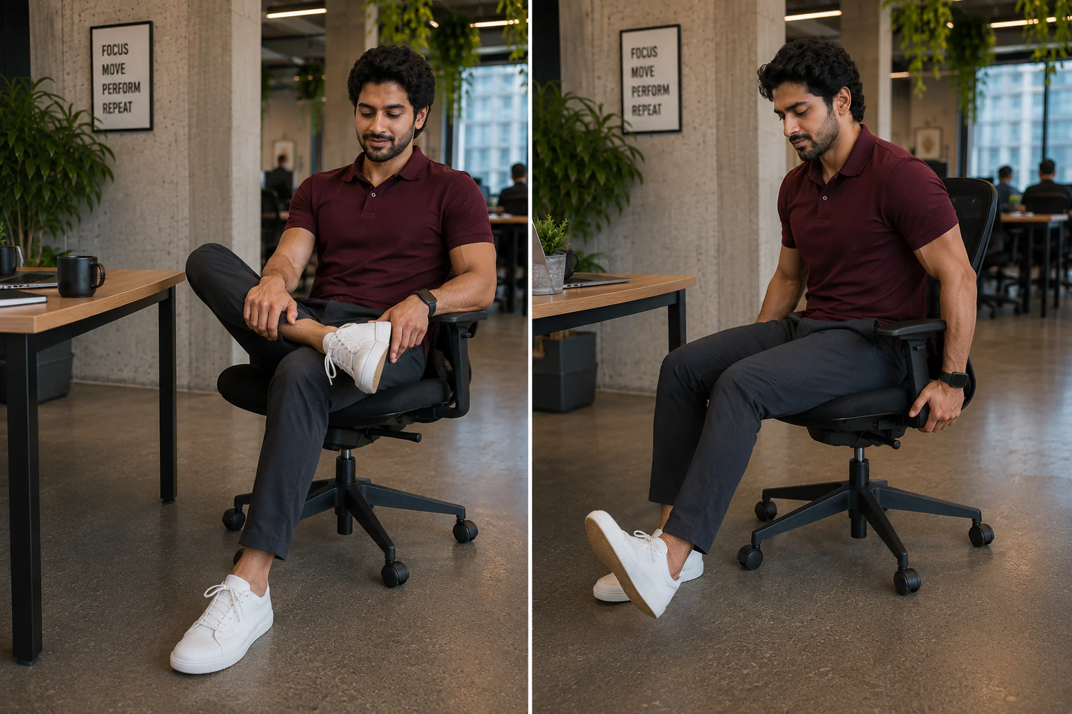 Daily mobility routine for desk workers performing simple exercises to improve flexibility and reduce stiffness.