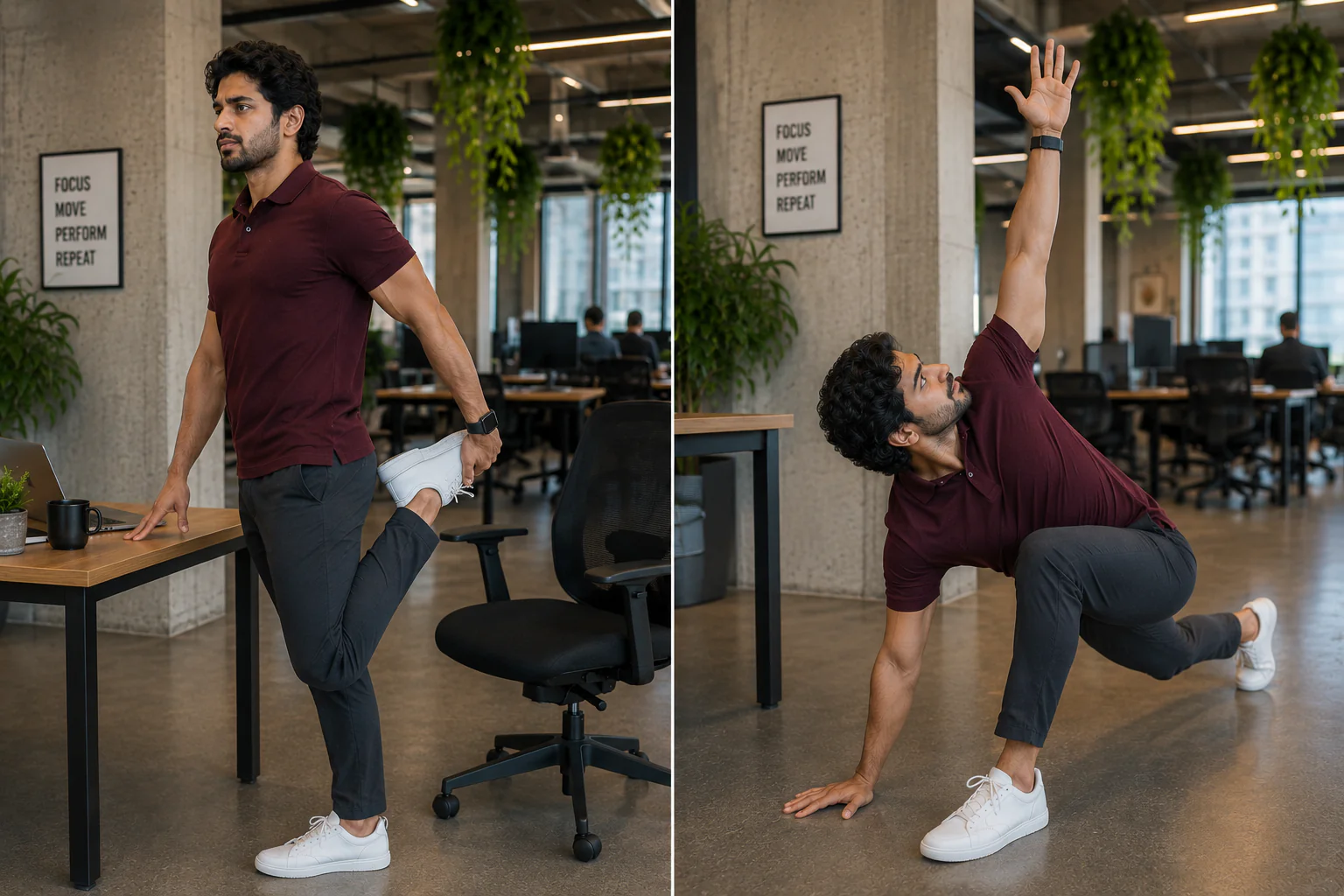 Daily mobility routine for desk workers performing simple exercises to improve flexibility and reduce stiffness.