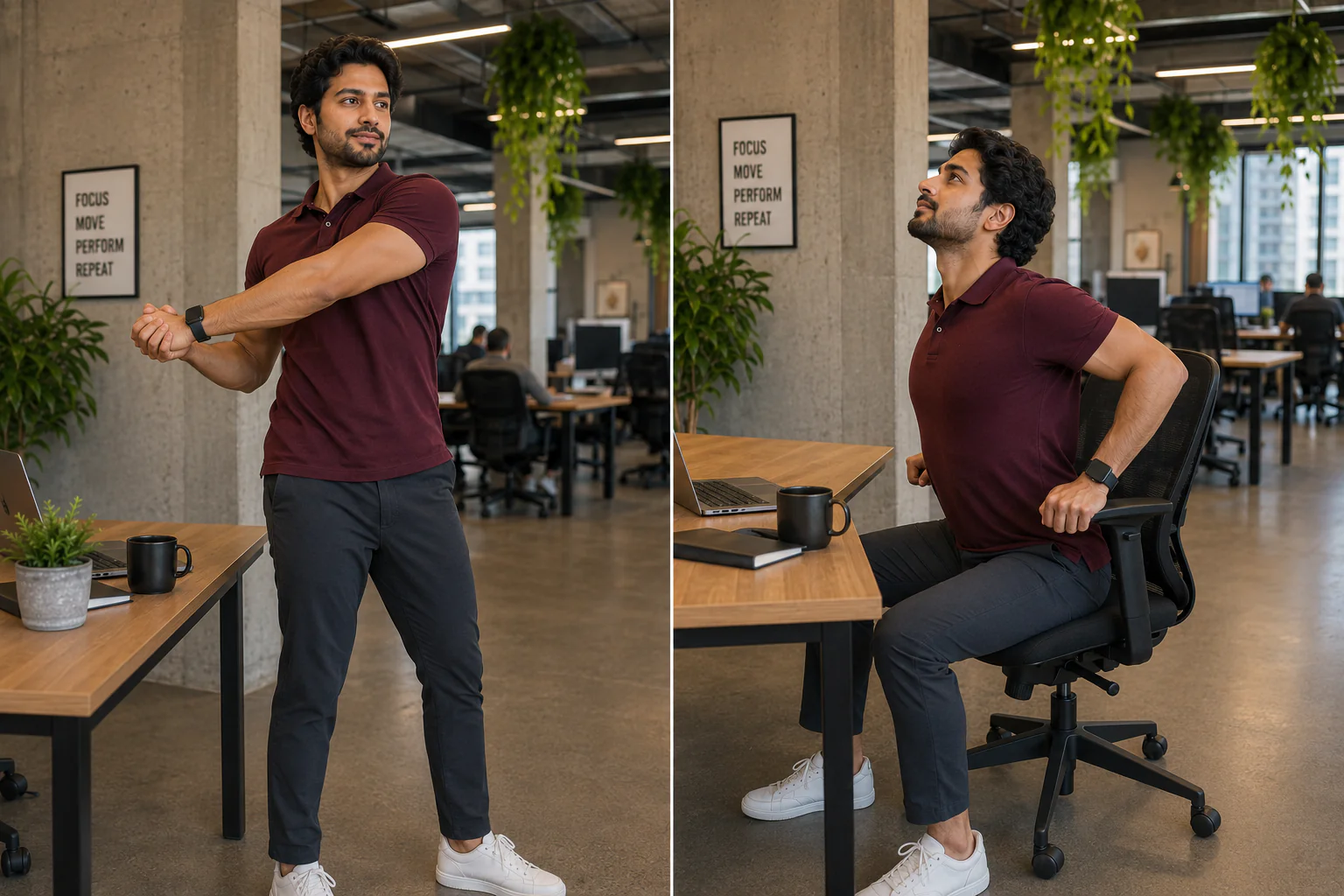 Daily mobility routine for desk workers performing simple exercises to improve flexibility and reduce stiffness.