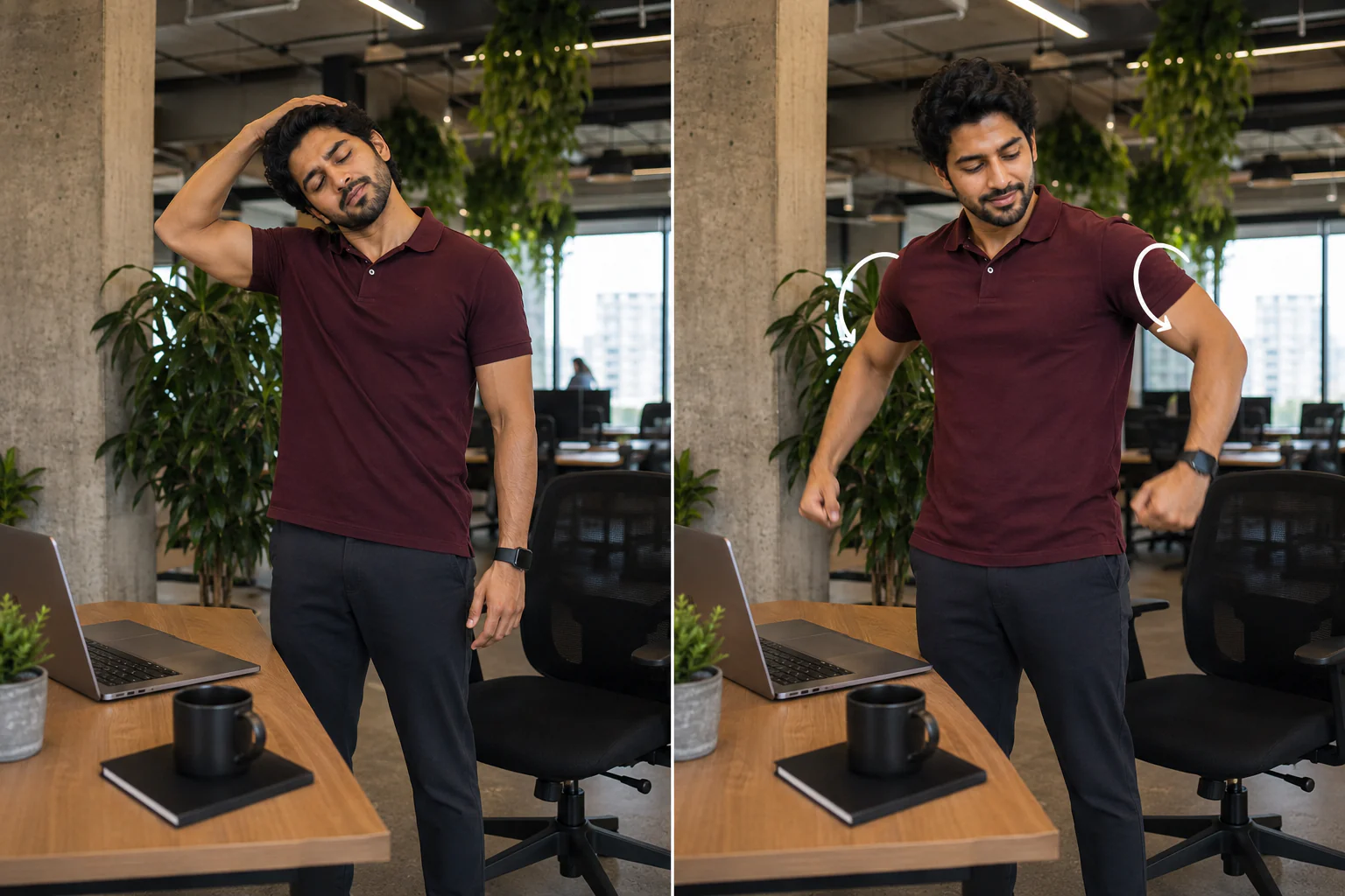 Daily mobility routine for desk workers performing simple exercises to improve flexibility and reduce stiffness.