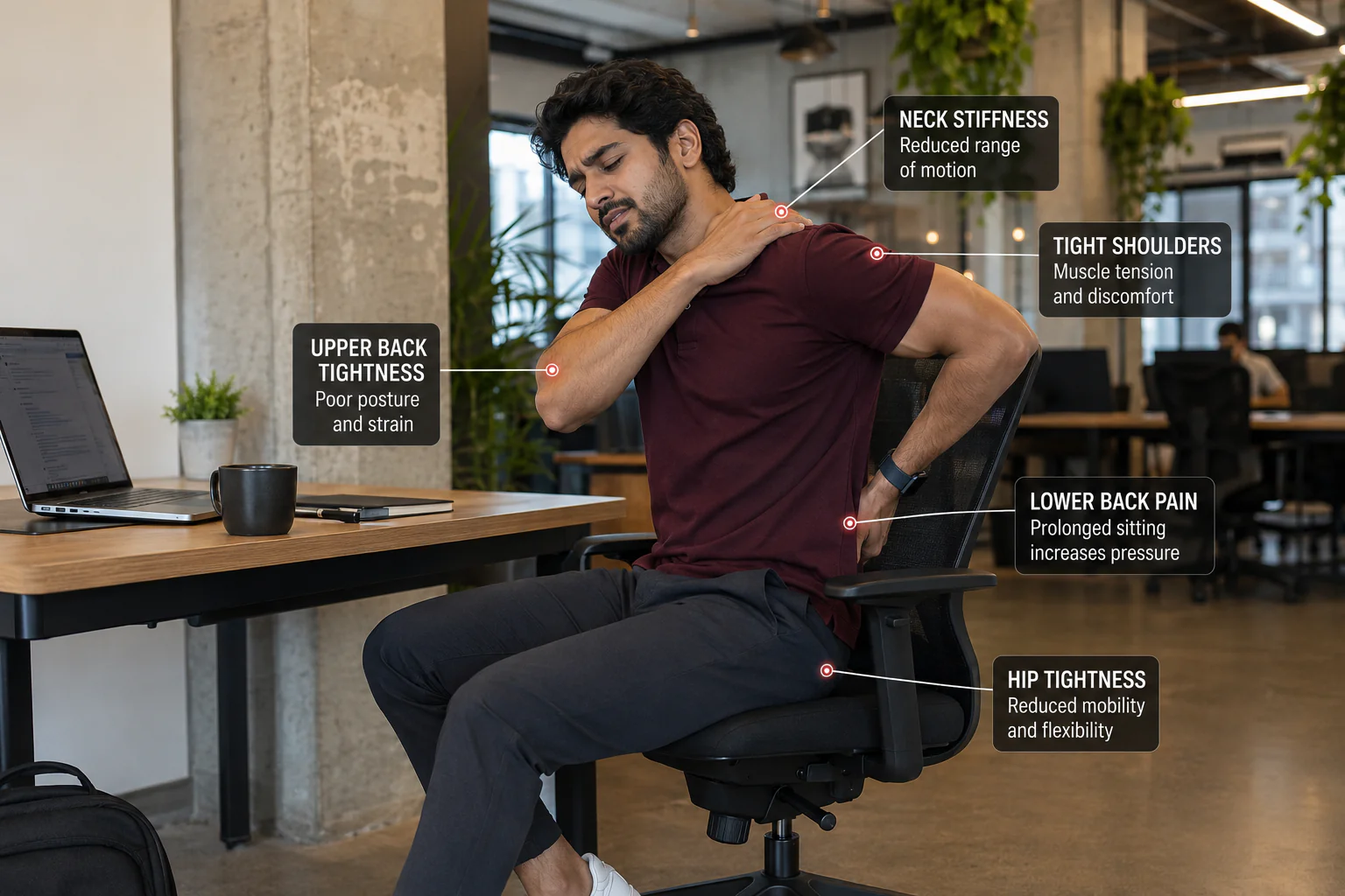Daily mobility routine for desk workers performing simple exercises to improve flexibility and reduce stiffness.