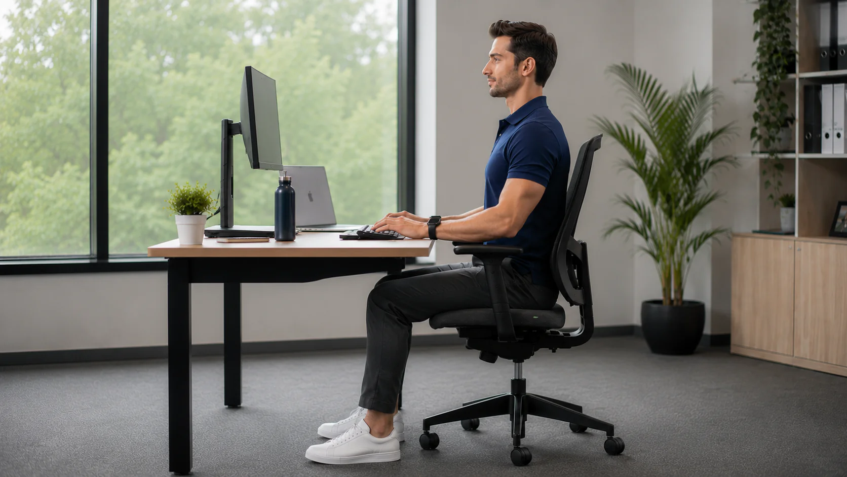 Office worker following a fitness routine to improve health and physical activity