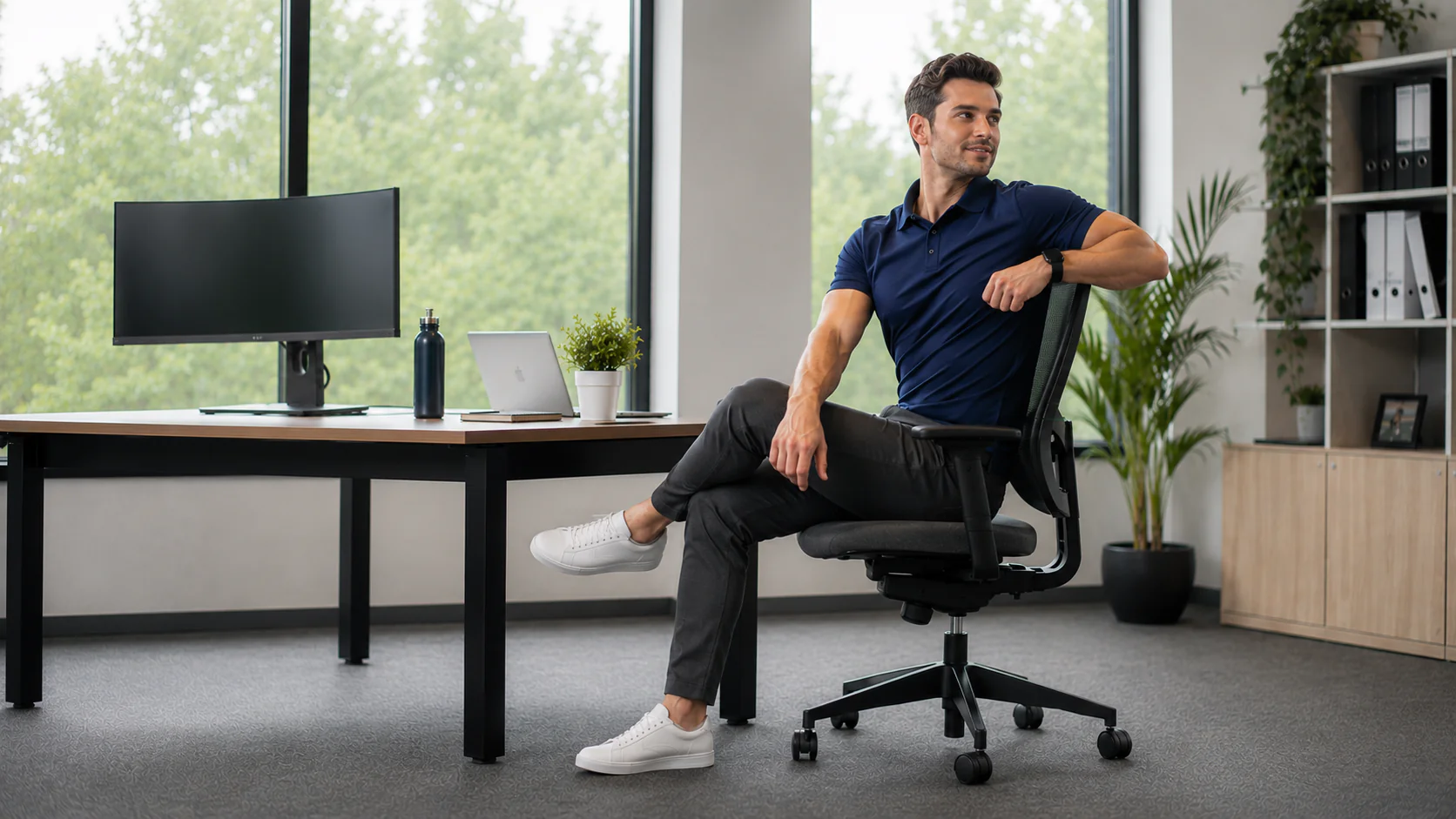 Office worker performing stretching exercises to improve mobility and posture