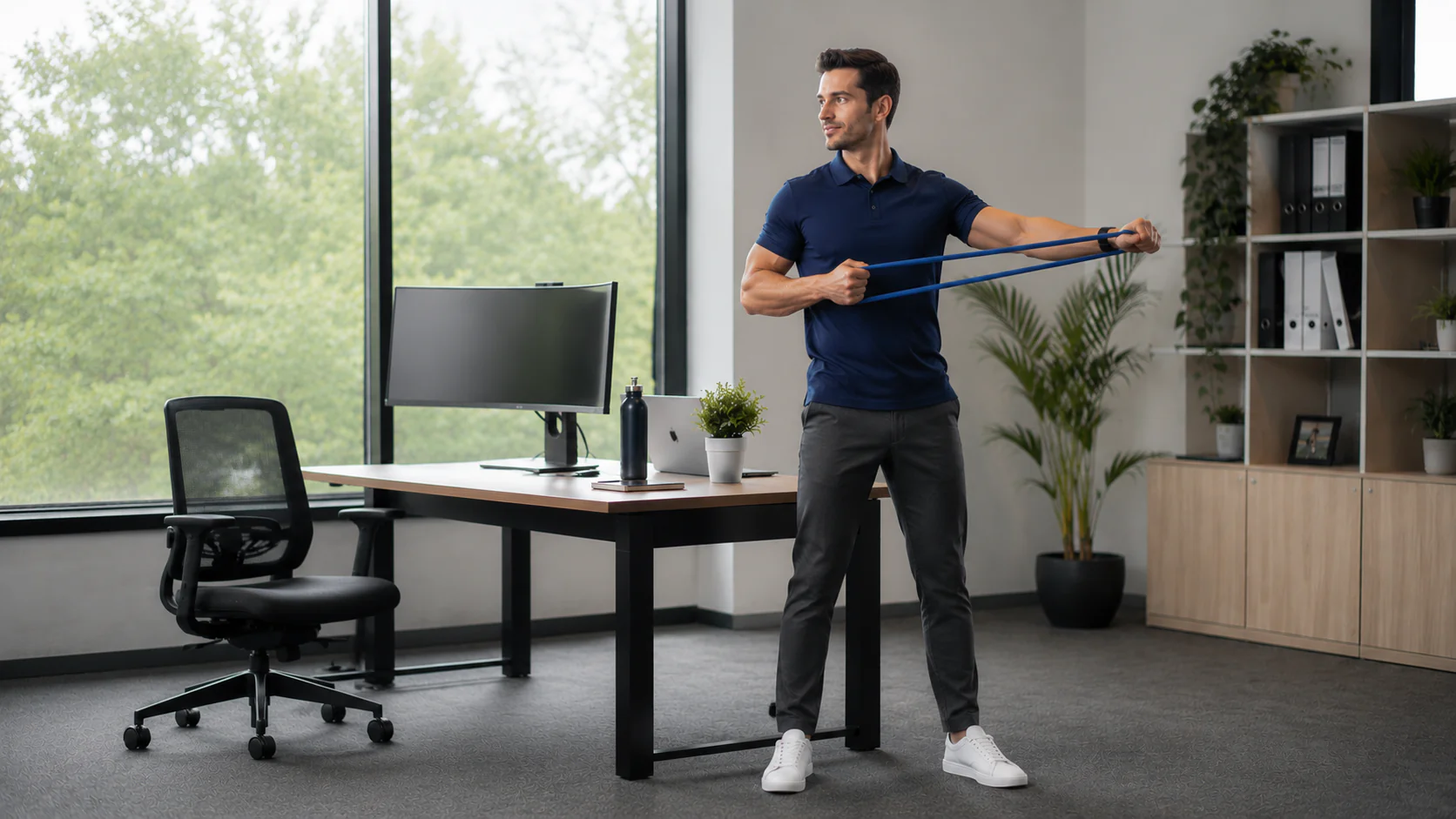 Office worker experiencing the effects of prolonged sitting during the workday