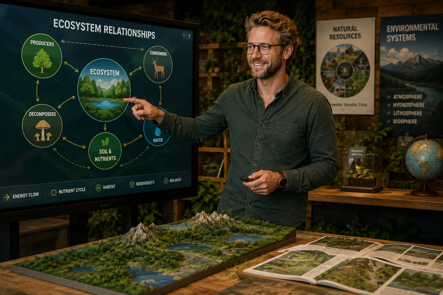 Illustration showing the environment with forests, rivers, mountains, wildlife, clean air, and natural ecosystems.