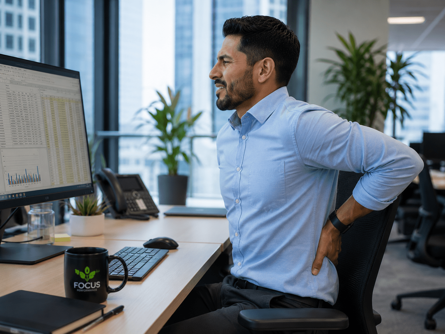 Office worker experiencing lower back discomfort after sitting at a desk for long hours