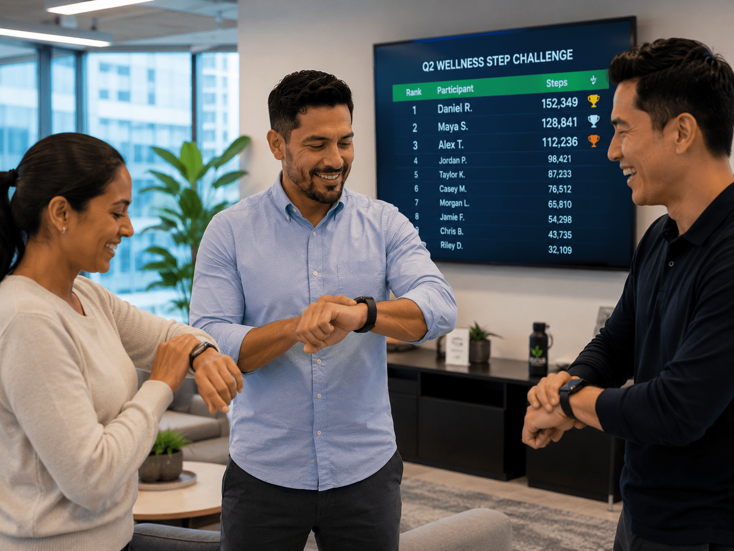 Employees participating in a workplace step challenge using fitness trackers and smartwatches