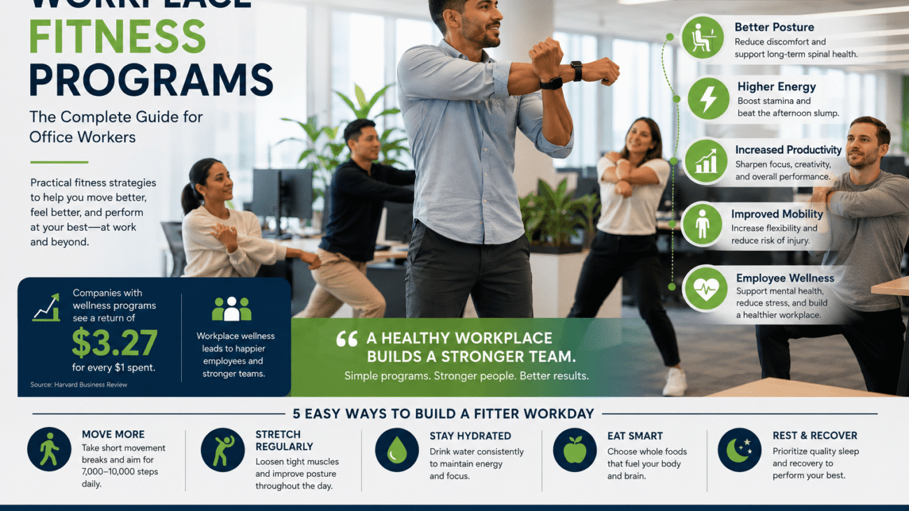Workplace fitness program for office workers participating in a group wellness session at a modern corporate office