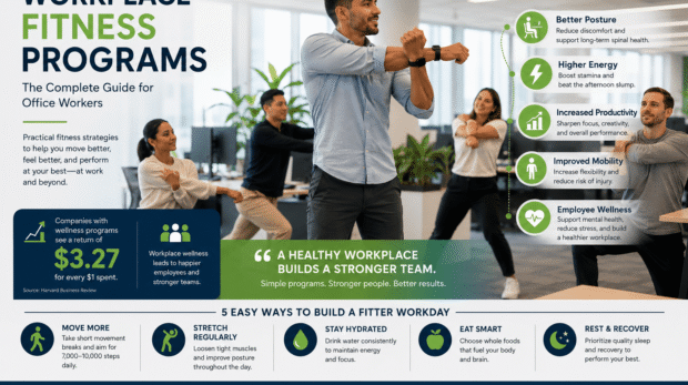 Workplace fitness program for office workers participating in a group wellness session at a modern corporate office