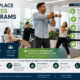 Workplace fitness program for office workers participating in a group wellness session at a modern corporate office