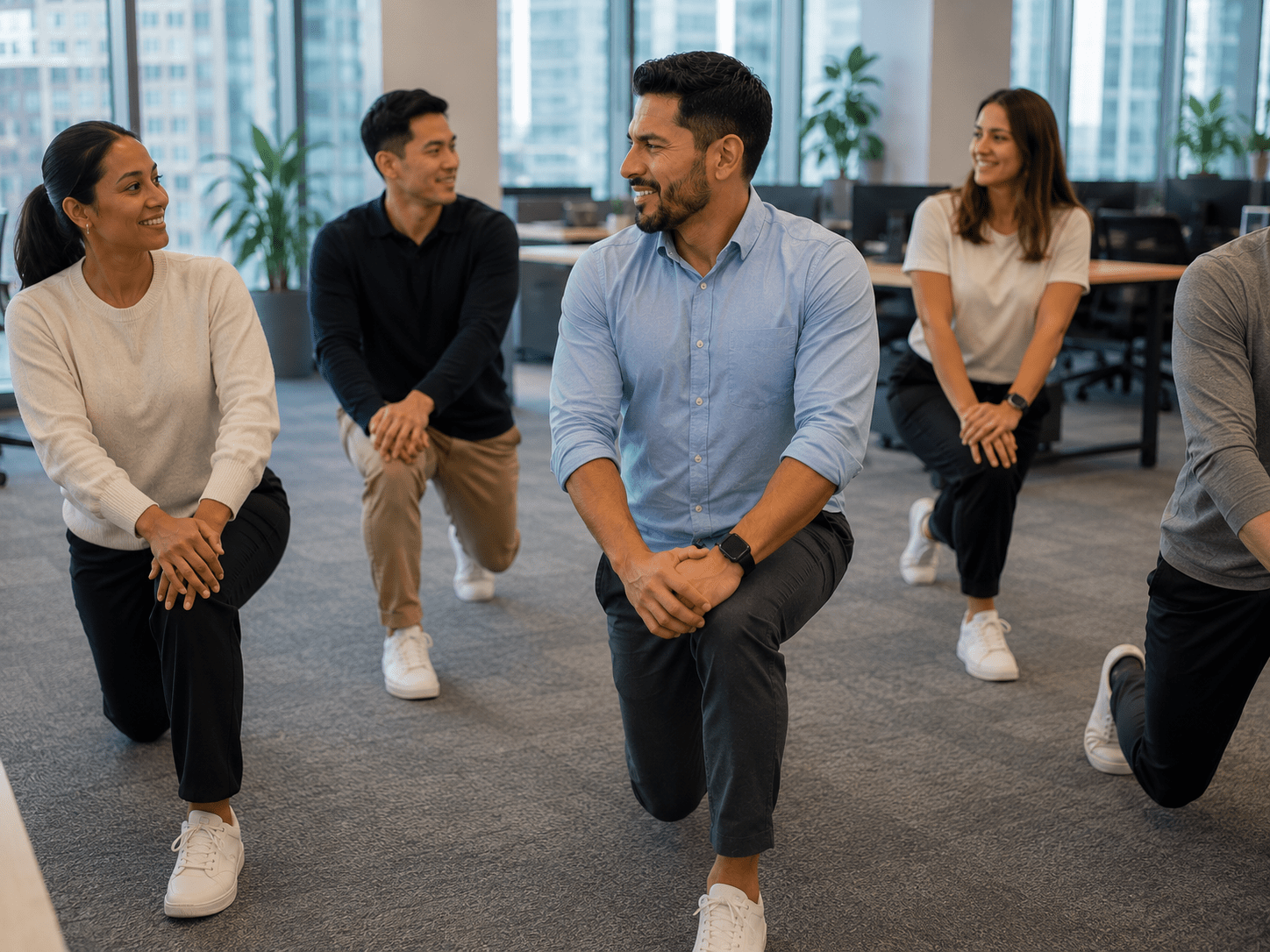 Office employees participating in a group fitness session during the workday