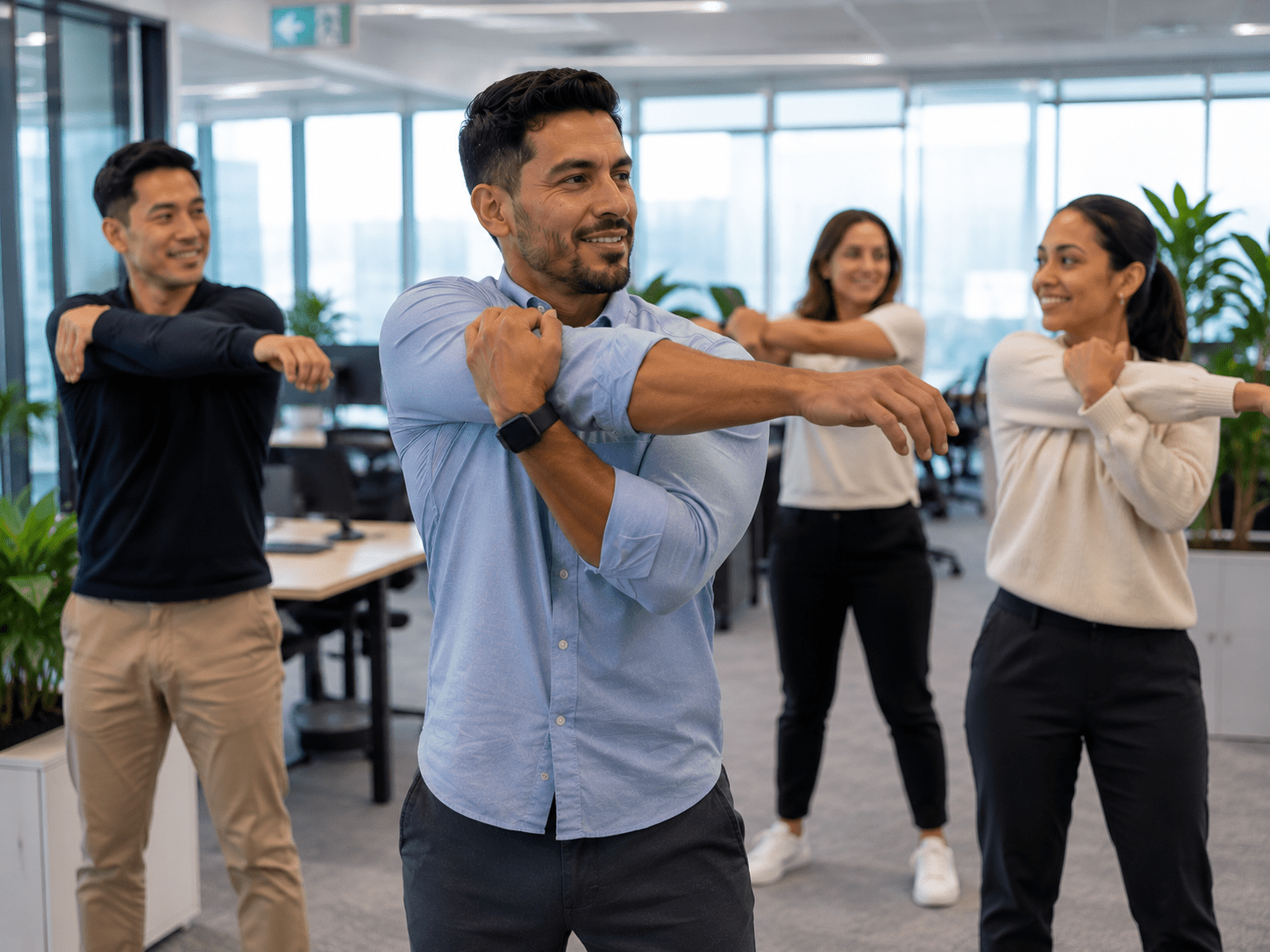 Office workers performing mobility exercises and stretching during a wellness break