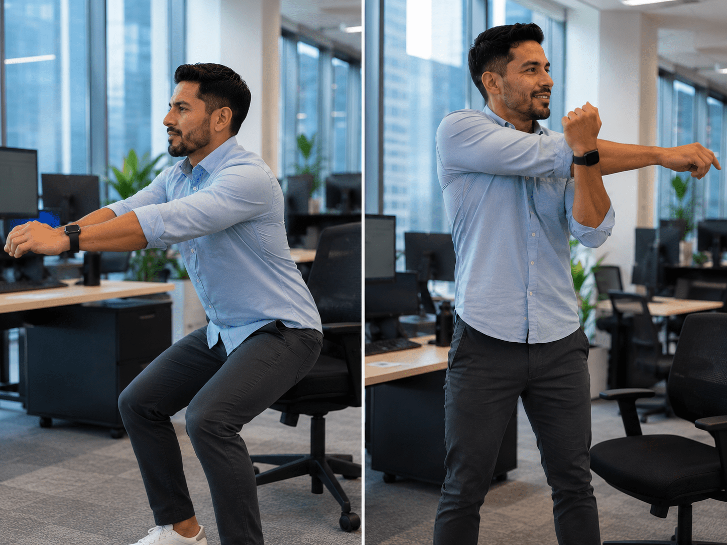 Employee performing a desk workout beside a workstation during a workday break