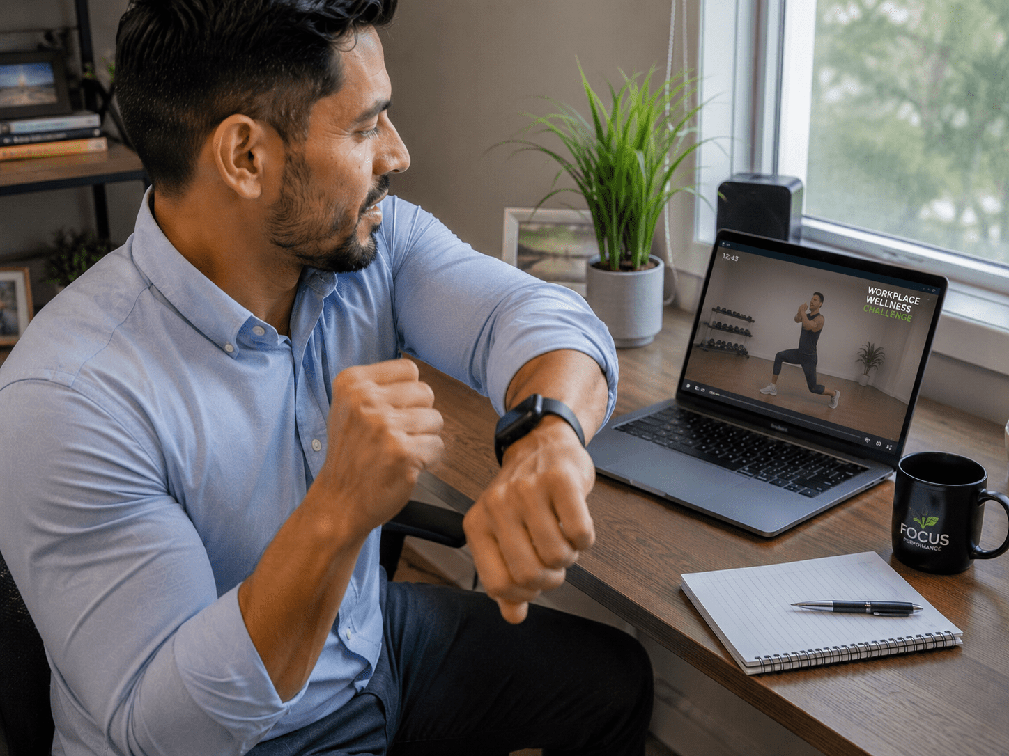 Remote employee participating in an online workplace fitness challenge from a home office