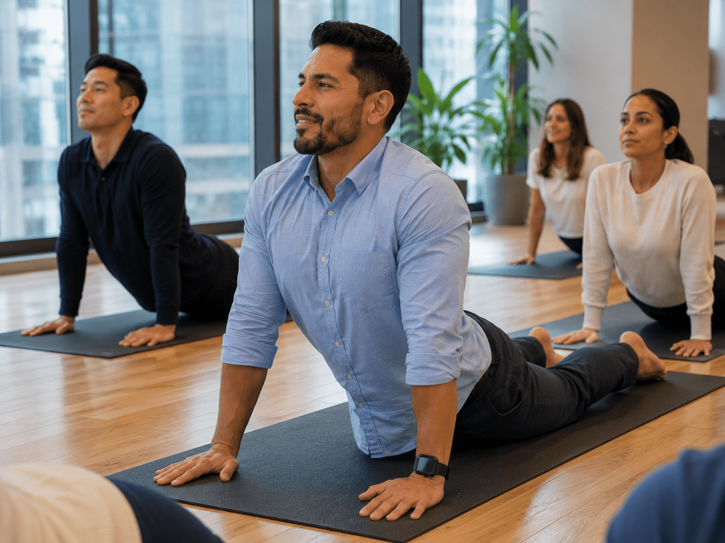 Office employees participating in a workplace yoga class to improve flexibility and reduce stress