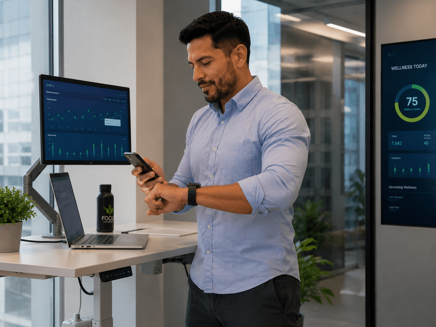 Office worker using fitness technology and wearable devices in a smart workplace environment