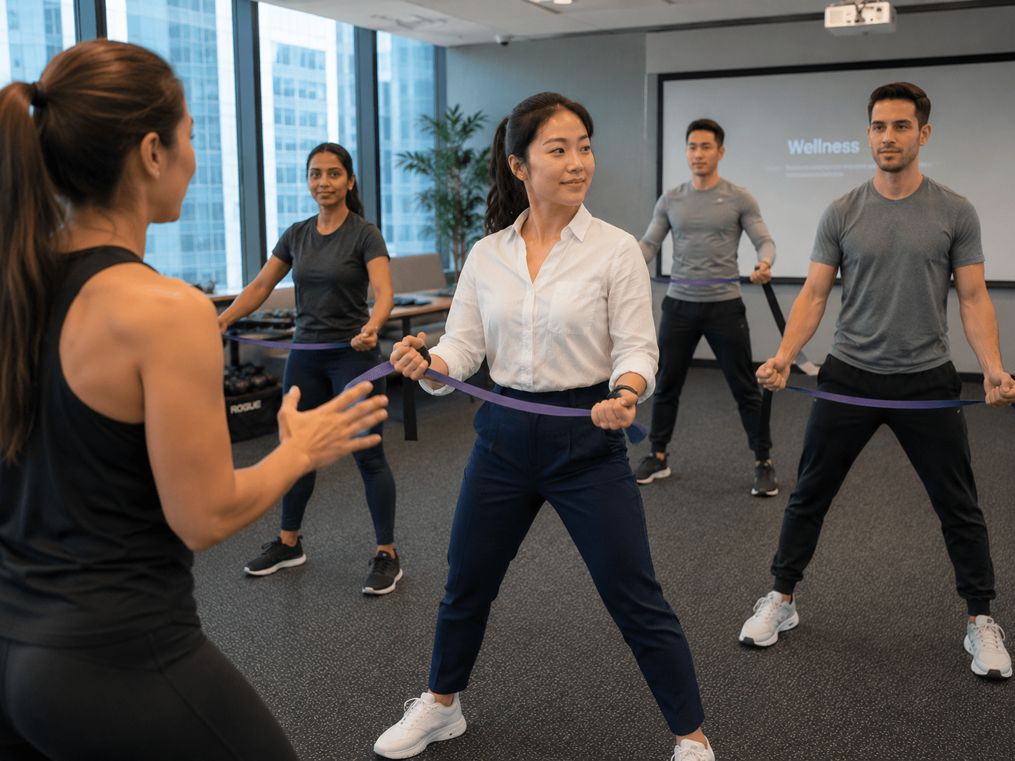 Office workers attending a beginner strength training class using resistance bands