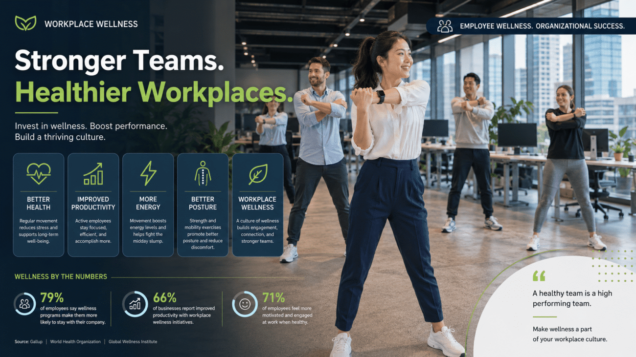 Office employees participating in a workplace group workout class in a modern corporate wellness environment