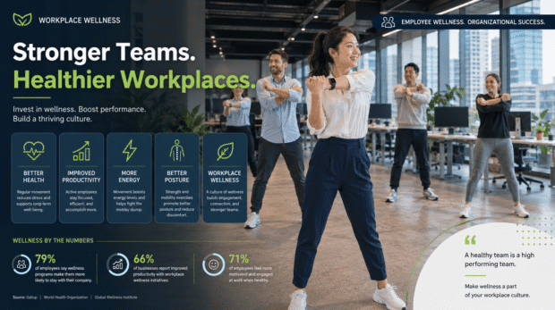 Office employees participating in a workplace group workout class in a modern corporate wellness environment