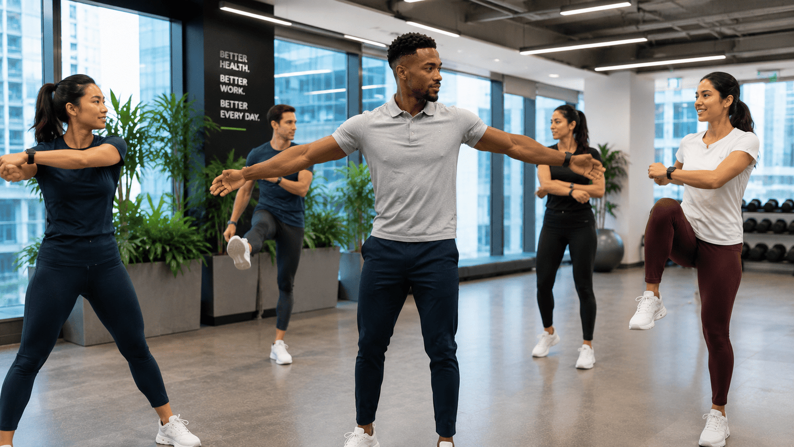 Employees performing dynamic warm up exercises before group fitness workouts