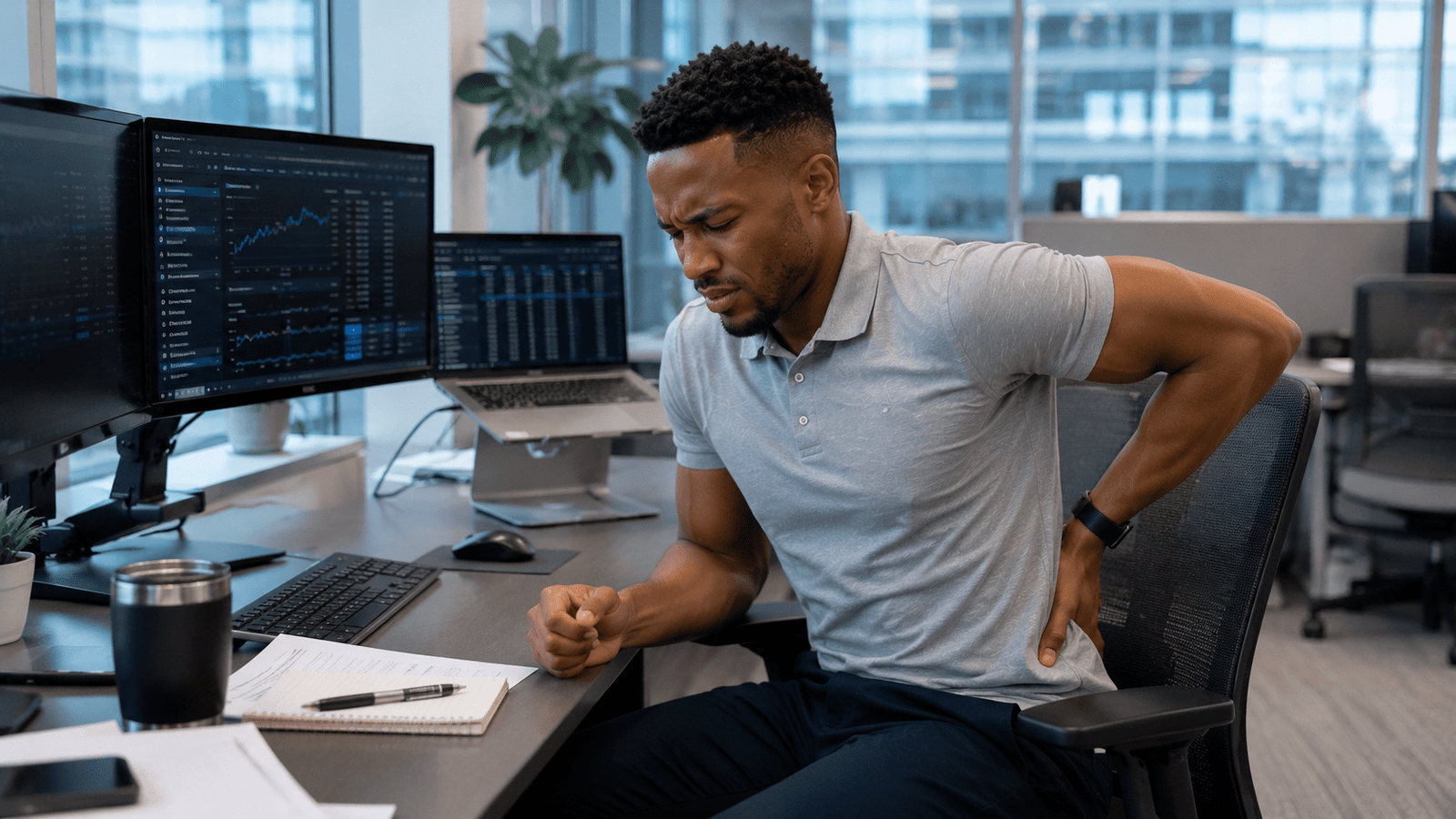 Office employee experiencing fatigue and stiffness from prolonged sitting at work