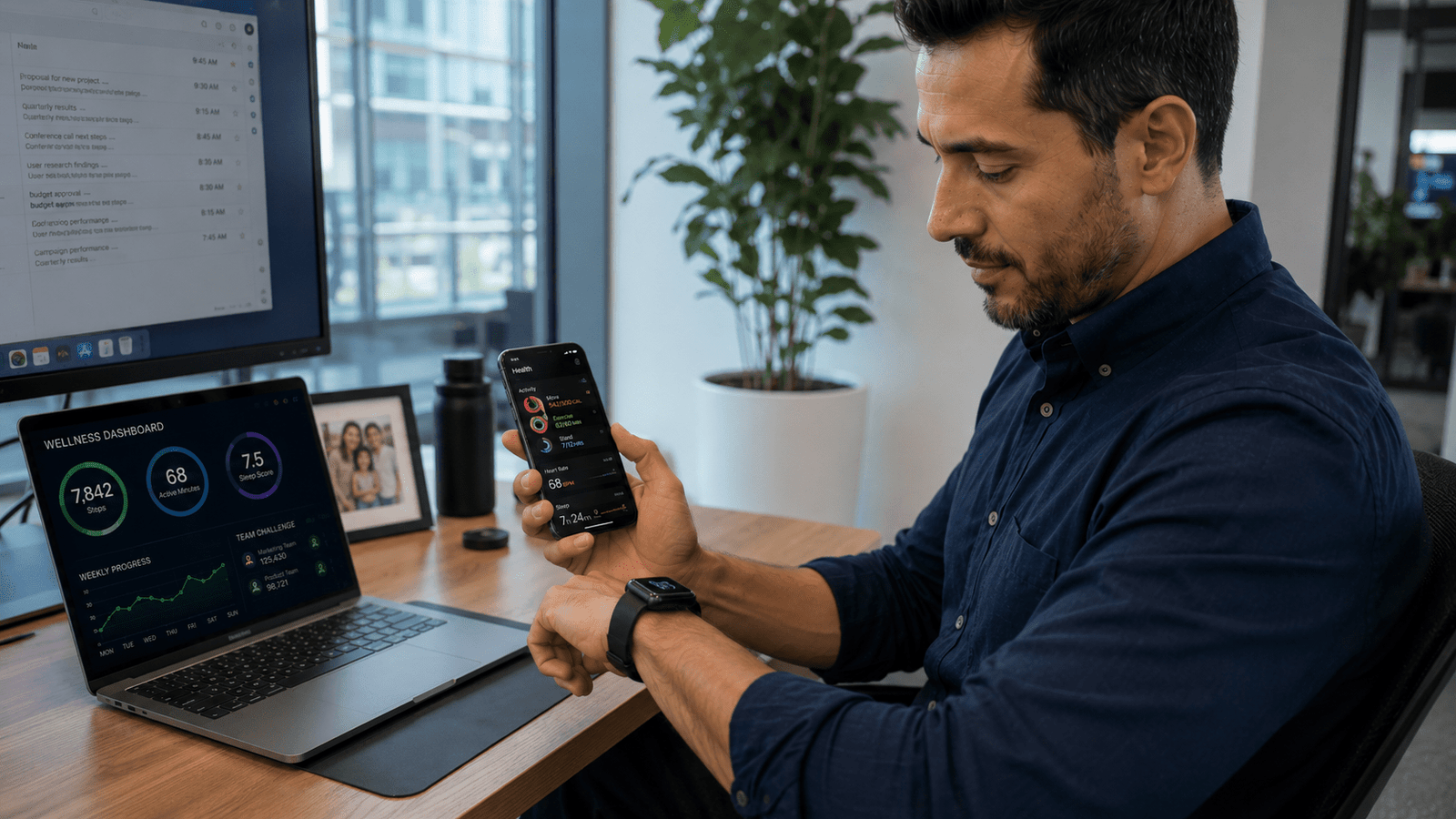 Employee reviewing fitness tech health metrics and wellness data on wearable devices