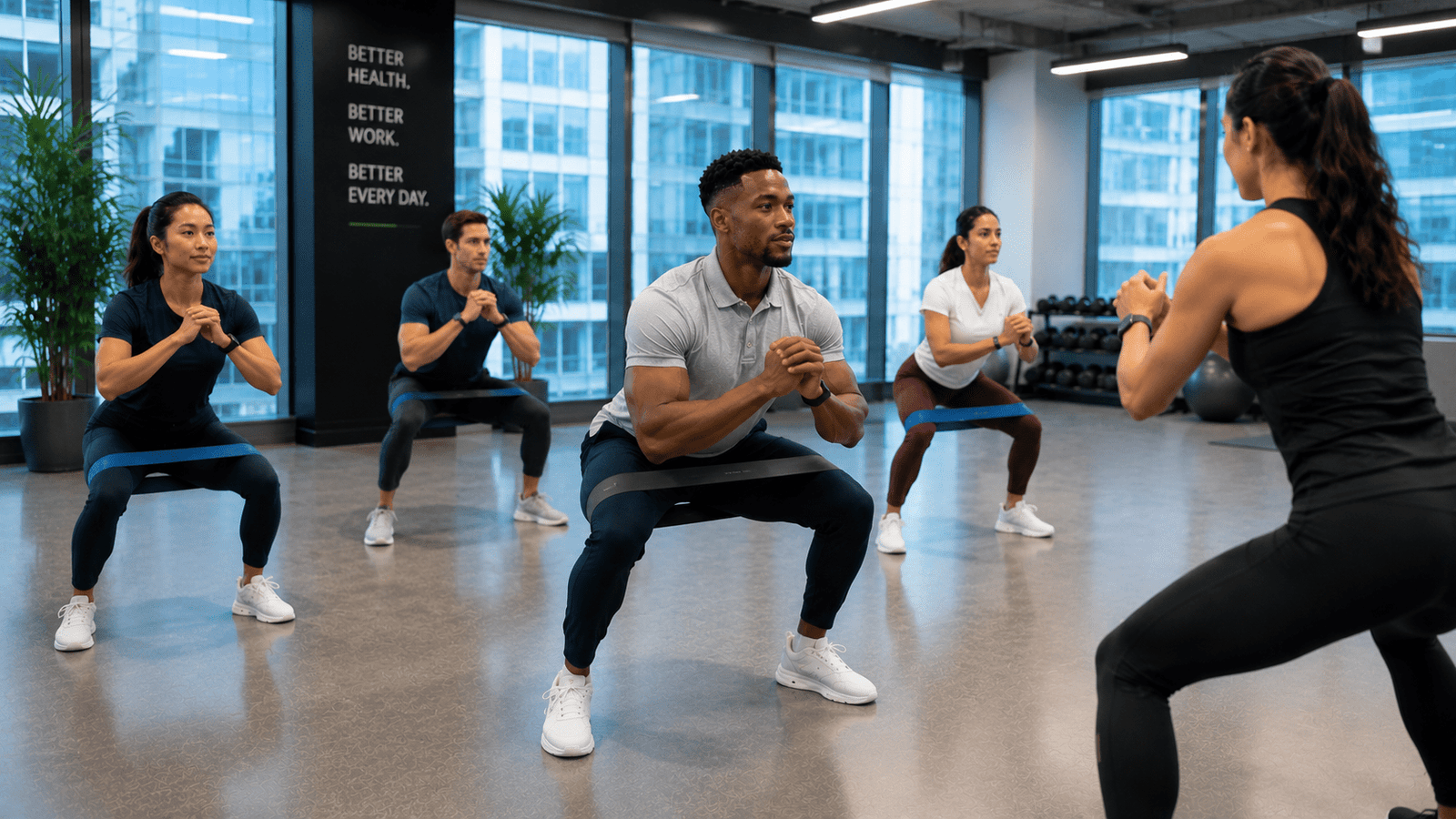 Employees participating in a workplace strength training workout using resistance bands