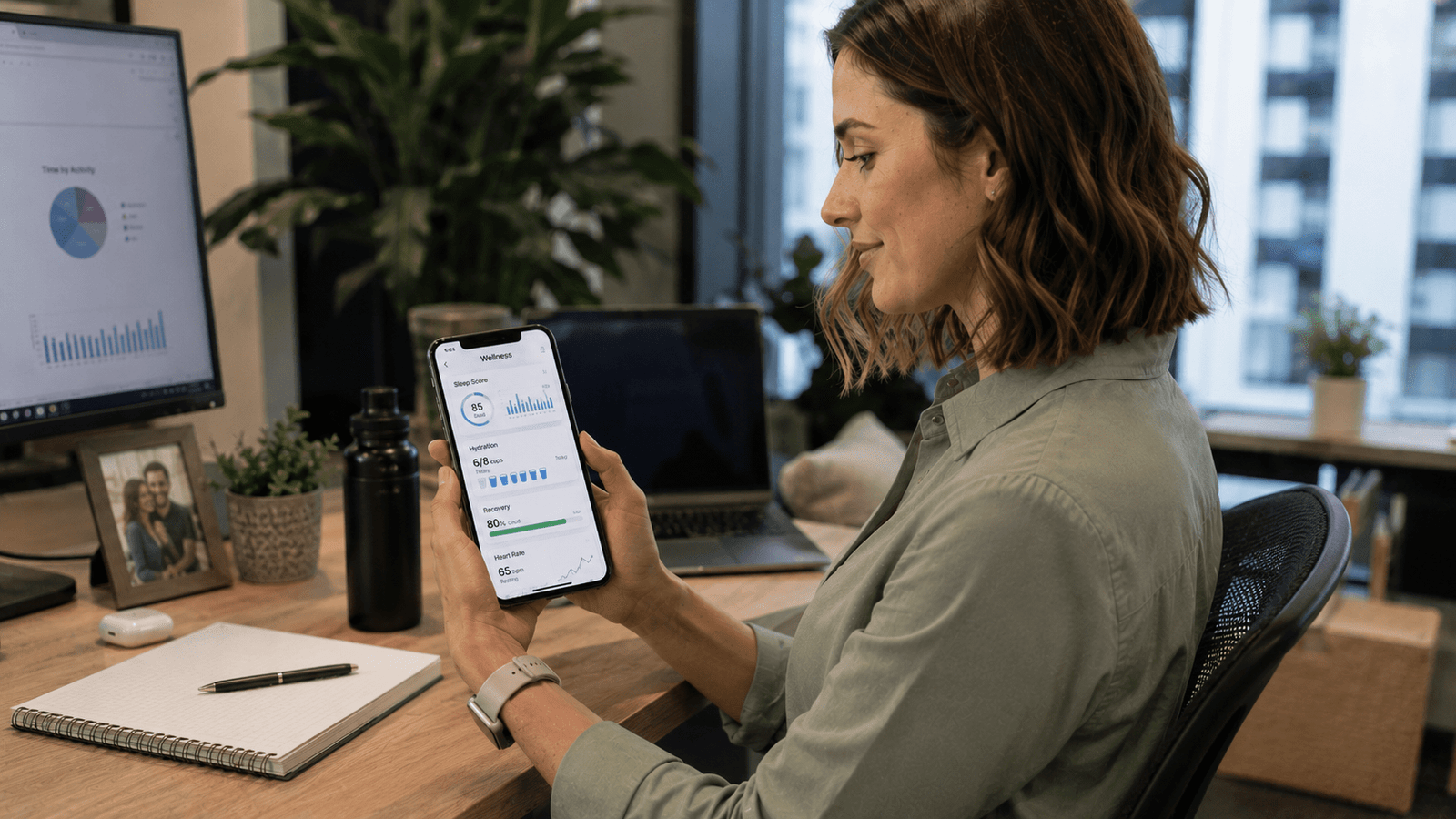 Office employee reviewing wellness metrics on an employee wellness app dashboard