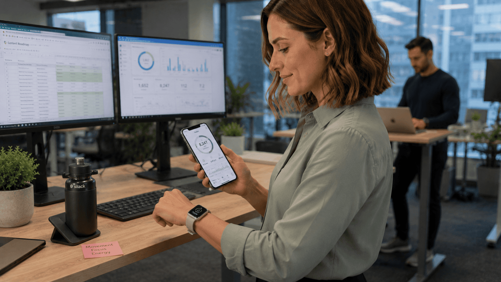 Office worker using a fitness smartwatch connected to a mobile fitness app