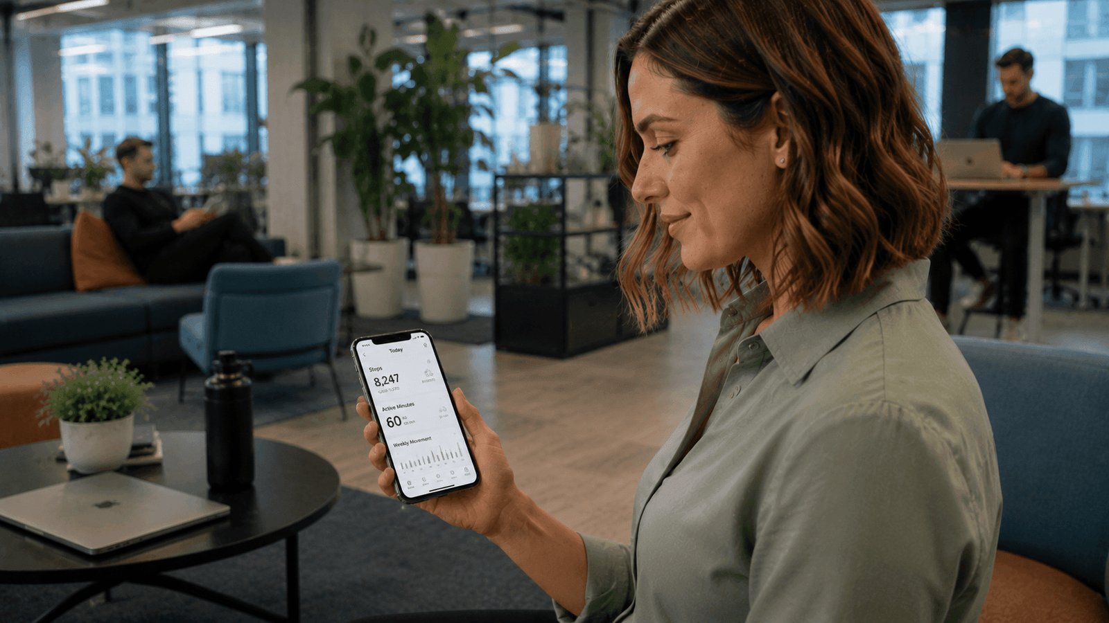 Office worker reviewing fitness tracking app statistics and activity trends