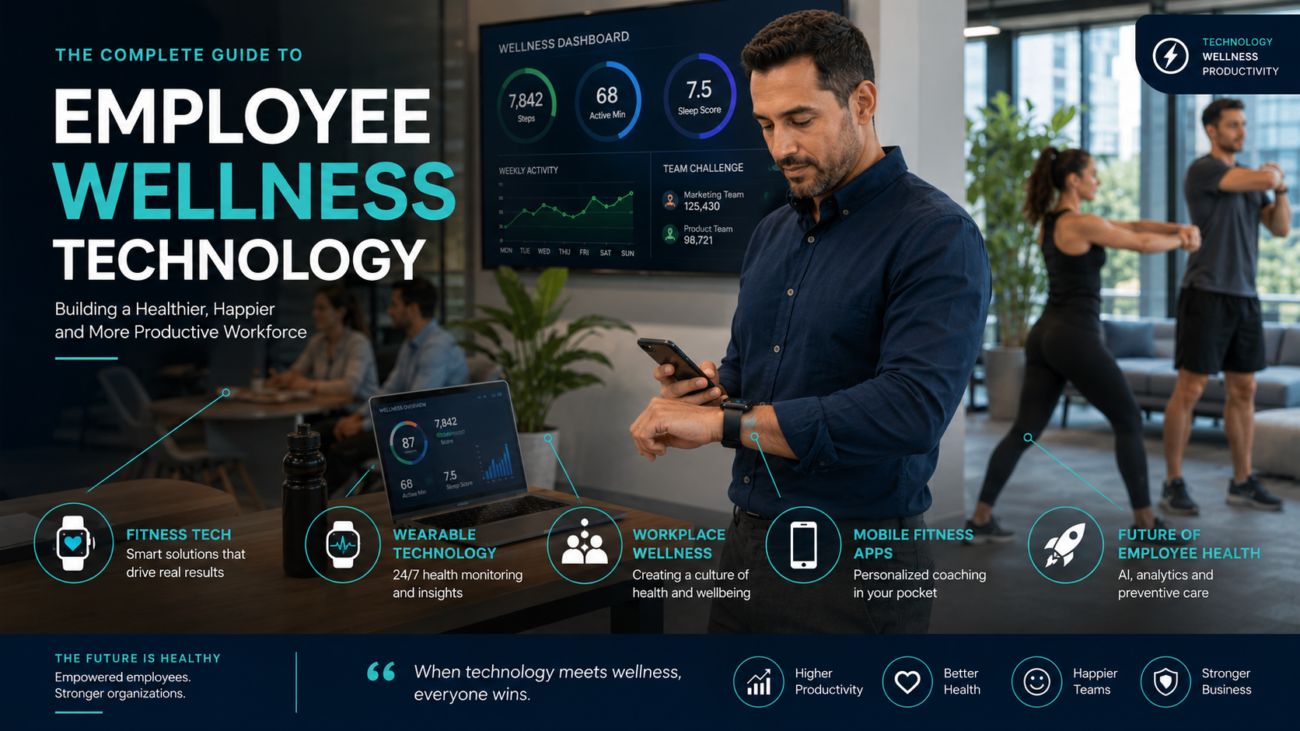 Employee using fitness tech and workplace wellness technology in a modern office environment