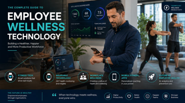 Employee using fitness tech and workplace wellness technology in a modern office environment