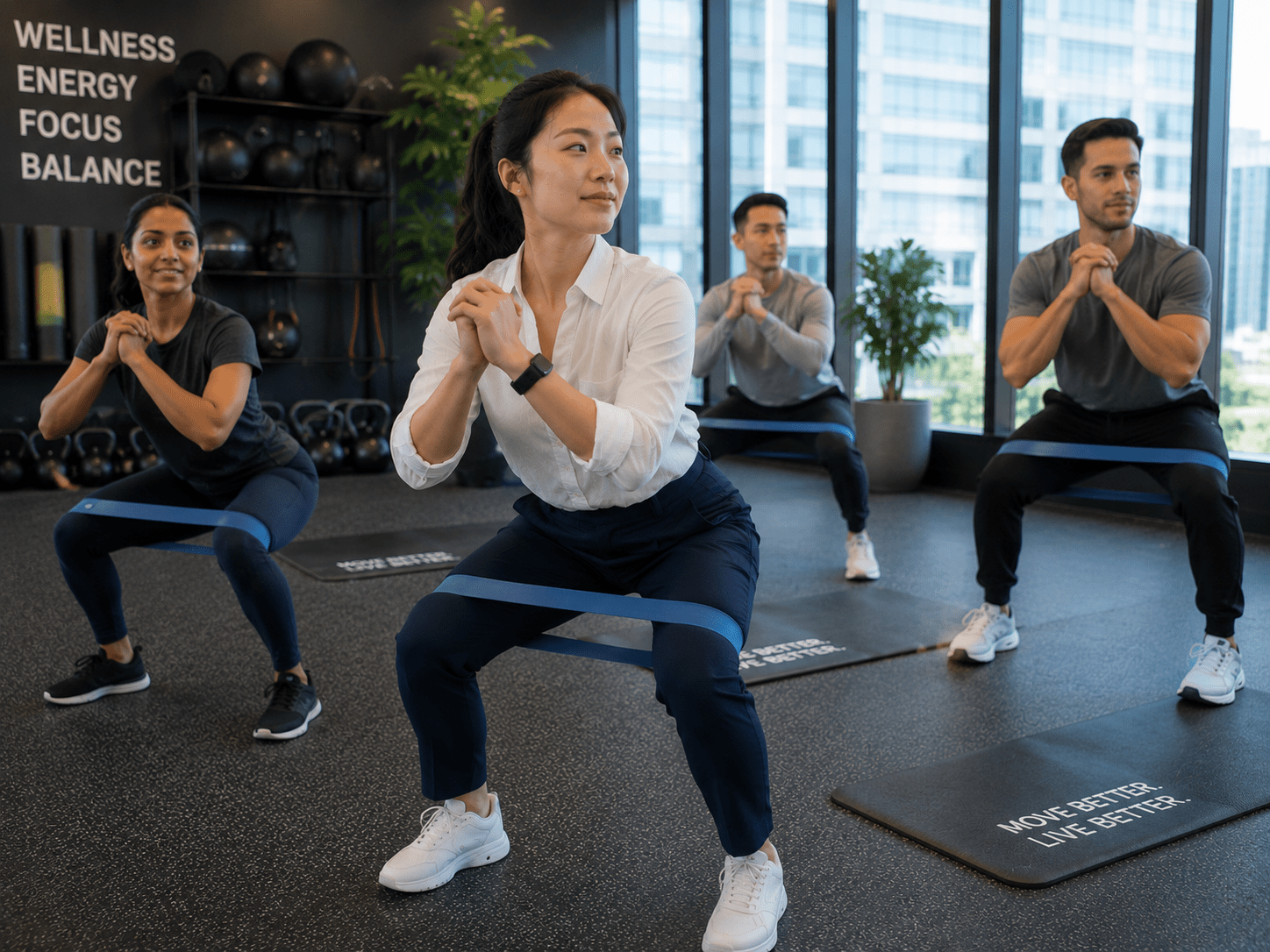 Employees participating in a functional fitness class inside a corporate wellness space