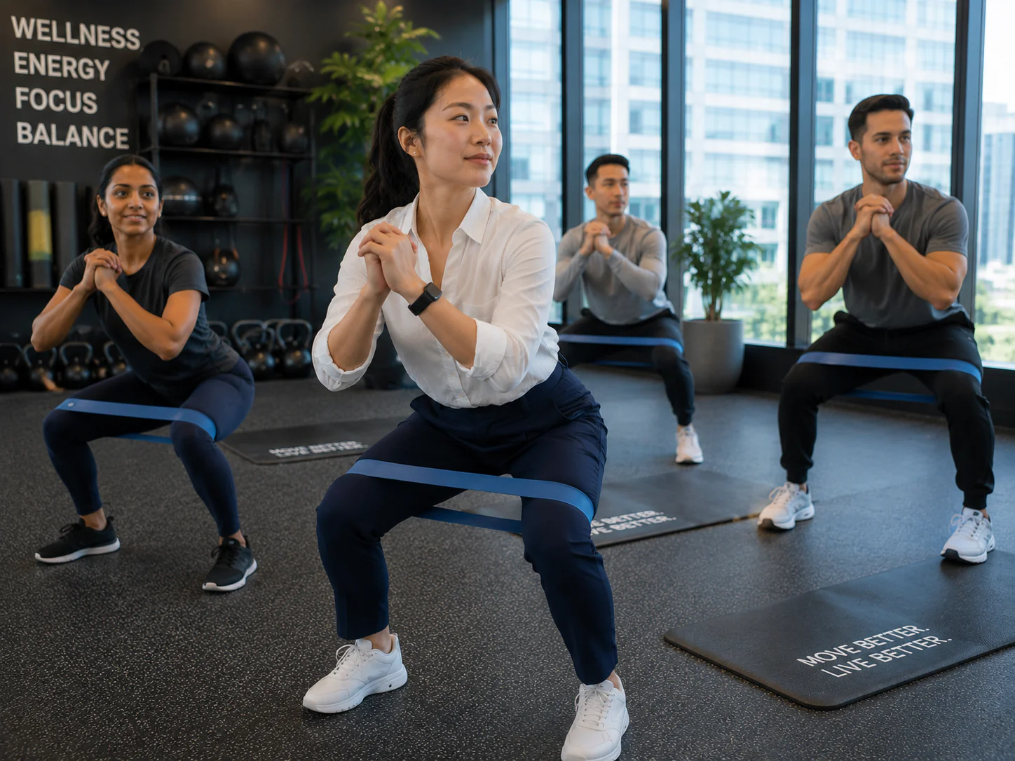 Employees participating in a functional fitness class inside a corporate wellness space