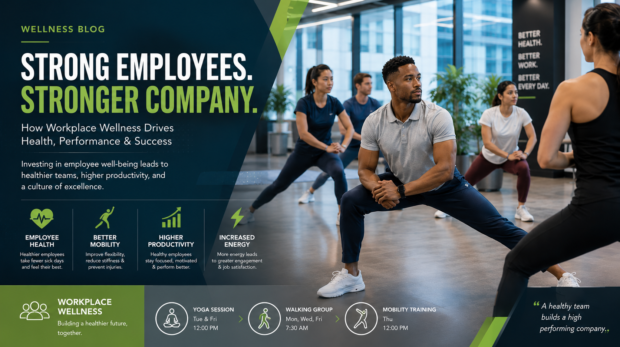 Employees participating in group fitness workouts inside a modern workplace wellness program