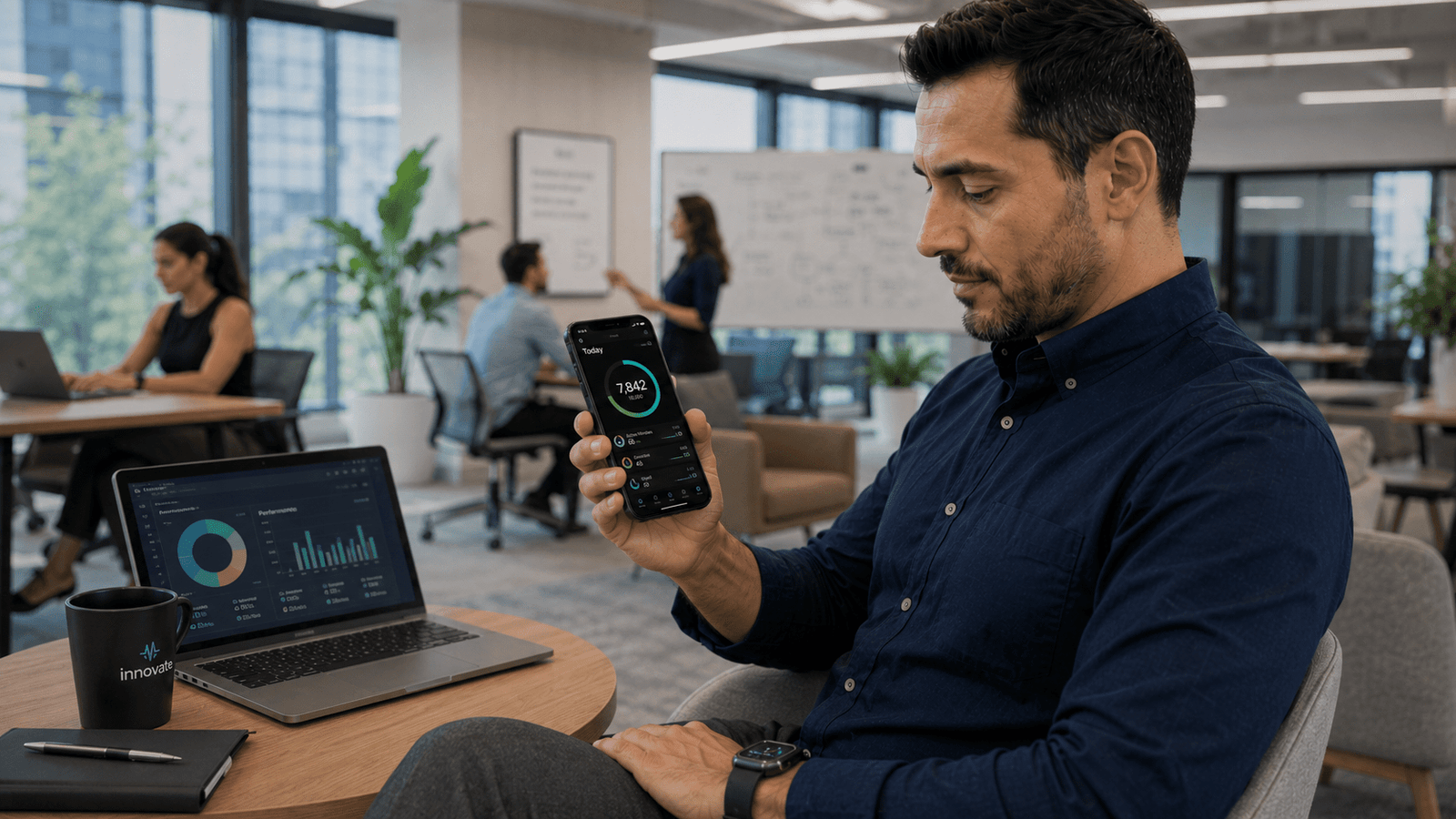 Office worker using a mobile fitness app as part of workplace wellness technology