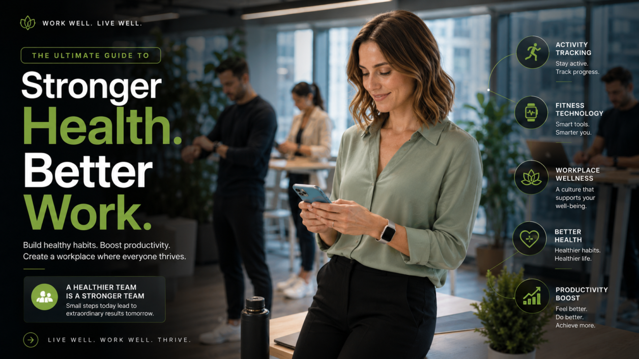 Office worker using a mobile fitness app to track health goals and daily activity