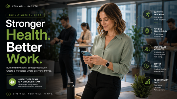 Office worker using a mobile fitness app to track health goals and daily activity
